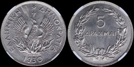 GREECE: 5 Drachmas (1930) in nickel with phoenix and inscription "ΕΛΛΗΝΙΚΗ ΔΗΜΟΚΡΑΤΙΑ". London mint. Inside slab by NGC "MS 66+ / LONDON". Cert number...