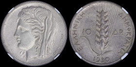 GREECE: 10 Drachmas (1930) in silver (0,500) with head of Goddess Demeter facing left. Inside slab by NGC "AU 58". Cert number: 3937123-014. (Hellas 1...