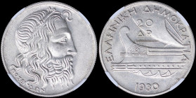 GREECE: 20 Drachmas (1930) in silver (0,500) with head of God Poseidon facing right. Inside slab by NGC "MS 65". Cert number: 5777638-019. (Hellas 179...