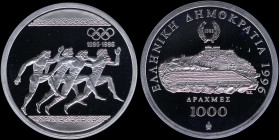 GREECE: 1000 Drachmas (1996) (type I) in silver (0,925) commemorating the 1896 Athens Olympics Centenary with ancient runners. The Panathenaic stadium...
