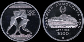 GREECE: 1000 Drachmas (1996) (type II) in silver (0,925) commemorating the 1896 Athens Olympics Centenary with wrestlers. Panathenaic stadium on rever...