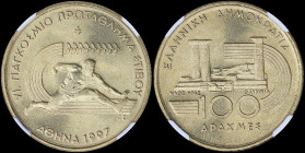 GREECE: 100 Drachmas (1997) (type II) in copper-aluminum with athlete of track field and inscription "VI. ΠΑΓΚΟΣΜΙΟ ΠΡΩΤΑΘΛΗΜΑ ΣΤΙΒΟΥ - ΑΘΗΝΑ 1997". T...