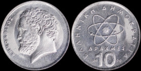 GREECE: 10 Drachmas (2000) (type Ia) in copper-nickel with atom at center and inscription "ΕΛΛΗΝΙΚΗ ΔΗΜΟΚΡΑΤΙΑ". Head of Democritos facing left on rev...