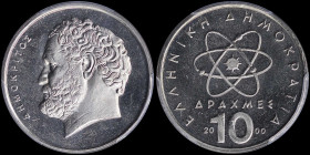 GREECE: 10 Drachmas (2000) (type Ia) in copper-nickel with atom at center and inscription "ΕΛΛΗΝΙΚΗ ΔΗΜΟΚΡΑΤΙΑ". Head of Democritus facing left on rev...