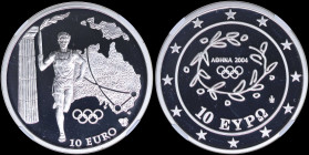GREECE: 10 Euro (2004) in silver (0,925) commemorating the Athens Olympics with Olympic Games logo. Torch relay in Australia on reverse. Inside slab b...