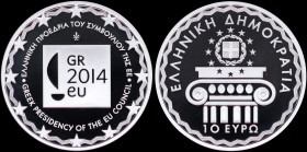 GREECE: 10 Euro (2014) in silver (0,925) commemorating the Greek presidency of the EU council. Inside its official case and CoA with no "1809". (KM 26...
