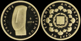 GREECE: 50 Euro (2014) in gold (0,999) commemorating Cultural Heritage / Cycladic civilization. Inside its official wooden case of issue and CoA with ...
