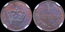 GREECE: 1 Lepton (1900 A) in bronze with Royal Crown and inscription "ΚΡΗΤΙΚΗ ΠΟΛΙΤΕΙΑ". Inside slab by NGC "MS 66 BN". Top pop in both companies. Cer...