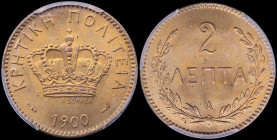 GREECE: 2 Lepta (1900 A) in bronze with Royal Crown and inscription "ΚΡΗΤΙΚΗ ΠΟΛΙΤΕΙΑ". Inside slab by PCGS "MS 66 RD". Cert number: 43454032. (Hellas...