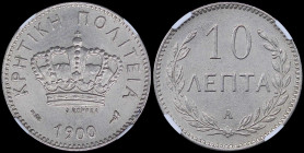 GREECE: 10 Lepta (1900 A) in copper-nickel with Royal Crown and inscription "ΚΡΗΤΙΚΗ ΠΟΛΙΤΕΙΑ". Inside slab by NGC "MS 63". Cert number: 5784770-003. ...
