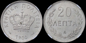 GREECE: 20 Lepta (1900 A) in copper-nickel with Royal Crown and inscription "ΚΡΗΤΙΚΗ ΠΟΛΙΤΕΙΑ". Inside slab by NGC "MS 64". Cert number: 5784770-009. ...