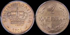 GREECE: 2 Lepta (1901 A) in bronze with Royal Crown and inscription "ΚΡΗΤΙΚΗ ΠΟΛΙΤΕΙΑ". Inside slab by PCGS "MS 64 RD". Cert number: 42571030. (Hellas...