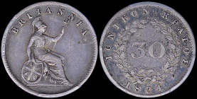 GREECE: 30 new Obols (1834) in silver with value within wreath and inscription "ΙΟΝΙΚΟΝ ΚΡΑΤΟΣ". Seated Britannia on reverse. Inside slab by PCGS "XF ...