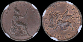 GREECE: 1 new Obol (1853.) in copper with Venetian lion of St Marcus and inscription "ΙΟΝΙΚΟΝ ΚΡΑΤΟΣ". Dot after date. Mint: Birmingham. Medal alignme...