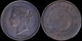 CYPRUS: 1 Piastre (1879) in bronze with crowned head of Queen Victoria facing left. Thin "1" within circle on reverse. Inside slab by PCGS "AU Detail ...