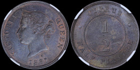 CYPRUS: 1/2 Piastre (1881 H) in bronze with crowned head of Queen Victoria facing left. Denomination within circle on reverse. Inside slab by NGC "MS ...