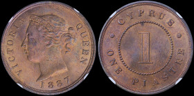 CYPRUS: 1 Piastre (1887) in bronze with crowned head of Queen Victoria facing left. Thick "1" within circle on reverse. Inside slab by NGC "MS 64 RB"....