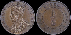 CYPRUS: 1/2 Piastre (1930) in bronze with crowned bust of King George V facing left. Denomination within value on reverse. Inside slab by PCGS "MS 62 ...