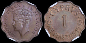 CYPRUS: 1 Piastre (1945) in bronze with crowned head of King George VI facing left. Denomination at center and date at right on reverse. Inside slab b...