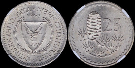 CYPRUS: 25 Mils (1963) in copper-nickel with shielded Arms within wreath, date above. Cedar of Lebanon at center and denomination at left on reverse. ...
