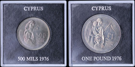 CYPRUS: Set of 500 Mils (1976) and 1 Pound (1976) in copper-nickel commemorating the Refugees. Inside their official cases of issue. (KM 45+46) & (Fit...