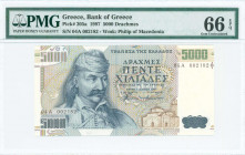 GREECE: 5000 Drachmas (1.6.1997) in dark blue on multicolor unpt with Theodoros Kolokotronis at left. S/N: "04A 002182". WMK: Philip the second and la...