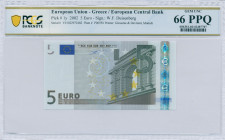 GREECE: 5 Euro (2002) in gray and multicolor with gate in classical architecture at right. S/N: "Y01022972482". Printing press and plate "P005F6". Sig...