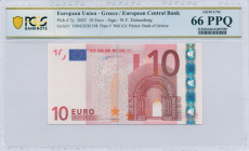 GREECE: 10 Euro (2002) in red and multicolor with gate in romanesque period. S/N: "Y00420281398". Printing press and plate "N001G1". Signature by W F ...