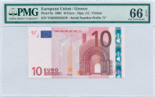 GREECE: 10 Euro (2002) in red and multicolor with gate in romanesque period. S/N: "Y56203584319". Printing press and plate "N024F6". Signature by Tric...