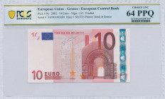 GREECE: 10 Euro (2002) in red and multicolor with gate in romanesque period. S/N: "Y67801892689". Printing press and plate "N027E5". Signature by Tric...