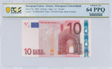 GREECE: 10 Euro (2002) in red and multicolor with gate in romanesque period. S/N: "Y21884444839". Printing press and plate "N034D4". Signature by Tric...