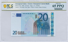 GREECE: 20 Euro (2002) in blue and multicolor with gate in gothic architecture. S/N: "Y02348017408". Printing press and plate "N003C3". Signature by T...