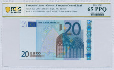 GREECE: 20 Euro (2002) in blue and multicolor with gate in gothic architecture. S/N: "Y02753885305". Printing press and plate "N006H3". Signature by T...