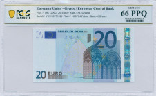 GREECE: 20 Euro (2002) in blue and multicolor with gate in gothic architecture. S/N: "Y05502735586". Printing press and plate "N007H4". Signature by D...