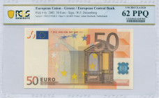 GREECE: 50 Euro (2002) in orange and multicolor with gate in renaissance architecture. S/N: "Y00335700811". Printing press and plate "G014B5". Signatu...