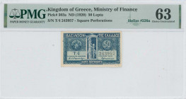 GREECE: 50 Lepta (ND 1920) in blue with standing Athena at center. S/N: "T/4 243957". Linear perforation. Printed by Aspiotis. Inside holder by PMG "C...