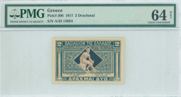 GREECE: 2 Drachmas (ND 1922) in dark blue and blue with Hermes seated at center. S/N: "A/33 13054". Printed by Aspiotis. Inside holder by PMG "Choice ...