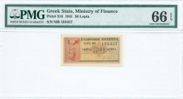 GREECE: 50 Lepta (18.6.1941) in red and black on light brown unpt with statue of Nike of Samothrace at left. S/N: "MB 193457". Printed by Aspiotis-ELK...