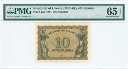 GREECE: 10 Drachmas (9.11.1944) in brown on orange and green unpt with value at center and two workers at left and right. Printed in Athens. Inside ho...