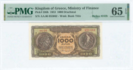 GREECE: 1000 Drachmas (1.11.1953) in brown on green and orange unpt with ancient coins with Philip the second at left and bird and snake at right. S/N...