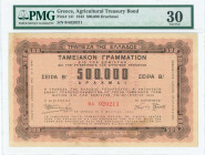 GREECE: 500000 Drachmas (5.3.1943) Agricultural treasury bond (2nd issue) in red-brown and light orange. S/N: "BA 020211". Printed on watermarked pape...