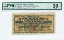 GREECE: 200 million Drachmas (29.9.1944) with black ovpt and red German stamping on back of 5000 Drachmas (Hellas #147b) with S/N with suffix, provisi...