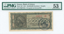 GREECE: 100 million Drachmas (19.9.1944) with red ovpt on back of 5 million Drachmas (Hellas #153) banknote, provisional treasury note issued by Bank ...