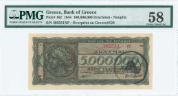 GREECE: 100 million Drachmas (19.9.1944) with red ovpt on back of 5 million Drachmas (Hellas #153) banknote, provisional treasury note issued by Bank ...