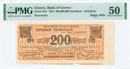 GREECE: Remainder of 200 million Drachmas (5.10.1944) Kalamatas treasury note (B issue) in orange, issued by the Bank of Greece, Kalamata branch. With...