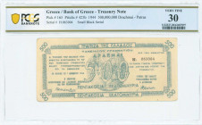 GREECE: 500 million Drachmas (7.10.1944) Patras treasury note in blue-green with ancient coin with Goddess Athena at center, issued by the Bank of Gre...