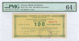 GREECE: 100 million Drachmas (17.10.1944) in green on yellow unpt, issued by the Bank of Greece, Corfu branch. S/N: "066778". Variety: Frame type II a...