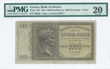 GREECE: 500 Drachmas (18.12.1944) in brown on light brown unpt with black ovpt on back of 1000 Drachmas (on Hellas #I.16a). New S/N: "36239". After li...