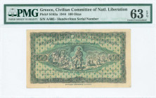 GREECE: 100 Okas (5.6.1944) in black on green and yellow unpt with partisan standing between a village on fire and harvesting scene at center. Handwri...