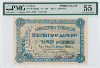 GREECE: 5 Drachmas (1905) in blue on green unpt, Therissos patriotic loan issue with Obelisk with dates of the national struggles of Crete at left. S/...